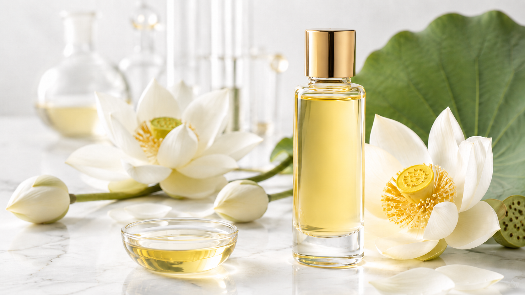 น้ำมันบัวขาว อุดมฟลาโวนอยด์ไกลโคไซด์ (White Lotus Oil / Nelumbo Flower Oil Extract) น้ำมันบัวขาว อุดมฟลาโวนอยด์ไกลโคไซด์ (White Lotus Oil / Nelumbo Flower Oil Extract)