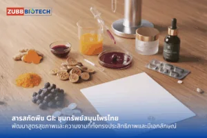 ภาพคอนเซปต์สารสกัดพืช GI จาก Zubb Biotech แสดงการพัฒนาผลิตภัณฑ์จากสมุนไพรไทย โดยมีวัตถุดิบ เช่น ขมิ้นชัน, หมากเม่า, สมอไทย, สมอพิเภก วางคู่กับสารสกัดในบีกเกอร์ และผลิตภัณฑ์สำเร็จรูปอย่างครีม, เซรั่ม, และแคปซูลอาหารเสริม (ตรีผลา) บนโต๊ะวิจัย